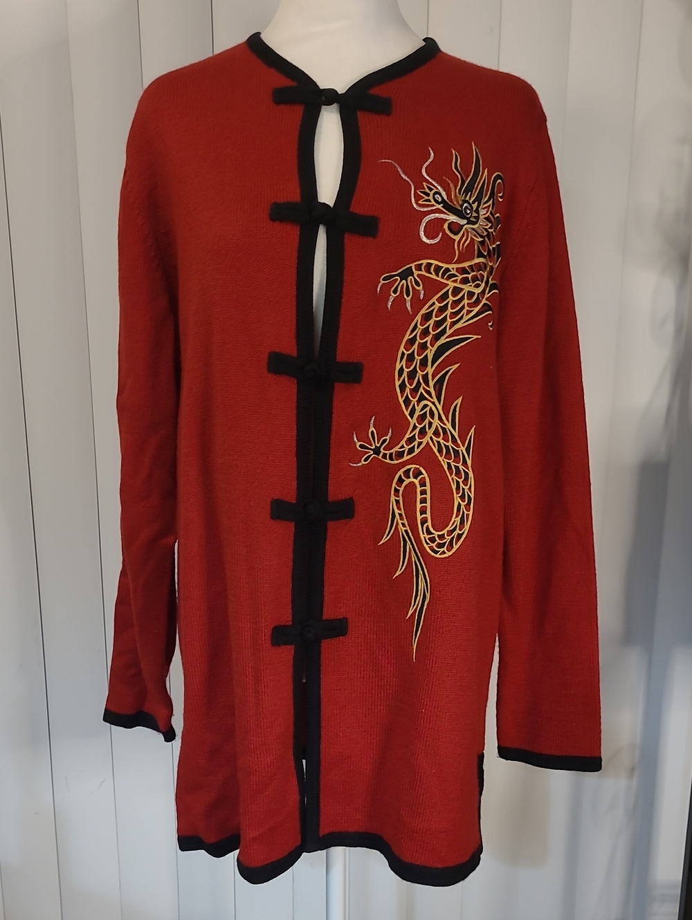 Bob Mackie Wearable Art Red Dragon Embroidered Long Cardigan with Black Trim